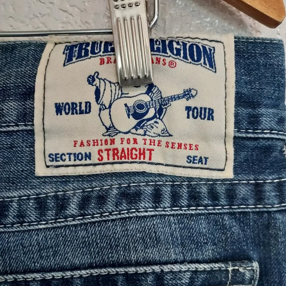 True Religion Distressed Straight Leg Blue Jeans Size 38